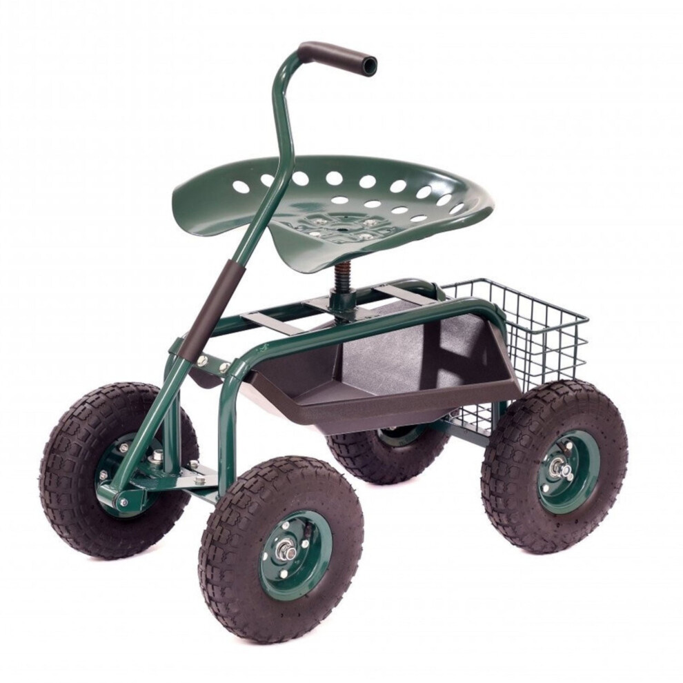 Oypla Outdoor Rolling Garden Seat Wheeled Stool With Tool Tray & Basket