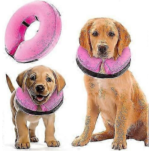 (Pink, S) Inflatable Dog Collar Surgery Cone - Quick Release Adjust Fit Stop Stitch Bite Lick Wound