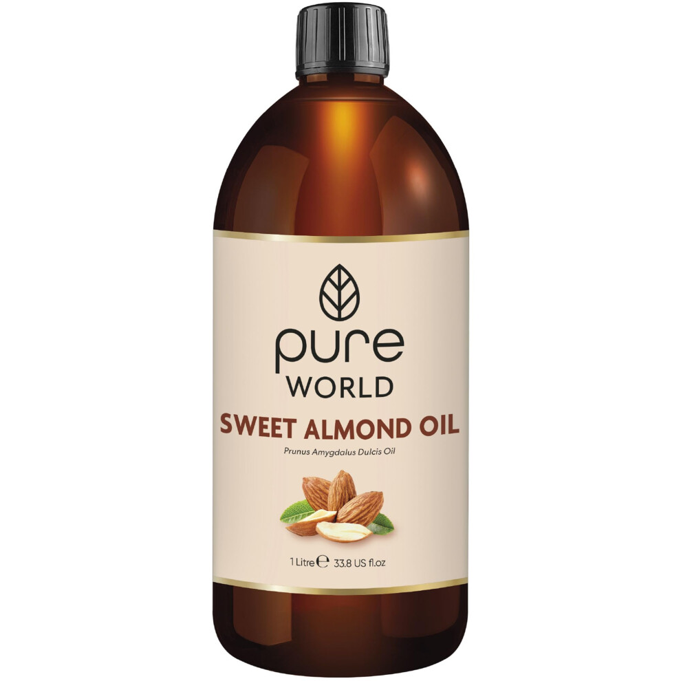 Pure World Natural Sweet Almond Oil 1 Litre, 100% Pure, Undiluted. Cold Pressed Premium Quality Almond Oil - Skin, Nails, Body And Face, Edible Vegan.