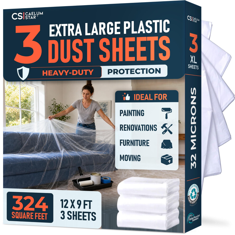 Caelum Star Clear Cs 3 Pack Plastic Dust Sheets For Decorating & Painting, 12X9ft Each | Strong 27 Micron Plastic Sheet, Plastic Sheeting, Painting Tools, Decorating Tools, Polythene Sheeting, Furniture Cover - Image 2