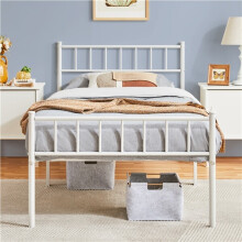 White Single Metal Bed Frame w/ Headboard Solid Slatted Base for Adults Teenager