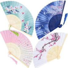 4 Folding Fans with Silk and Bamboo Fringe, Japanese Style with Sakura Flower Butterfly Pattern, Hand Fan for Decoration M