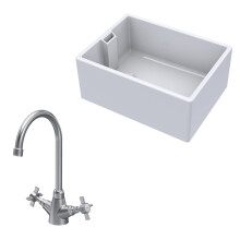 Traditional Fireclay Kitchen Bundle: 1 Bowl Belfast Sink with Mono Crosshead Handle Tap, 615mm - Brushed Nickel