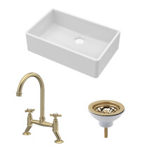 Traditional Fireclay Kitchen Bundle: Single Bowl Butler Sink, Waste & Bridge Crosshead Mixer Tap, 795mm - Brushed Brass