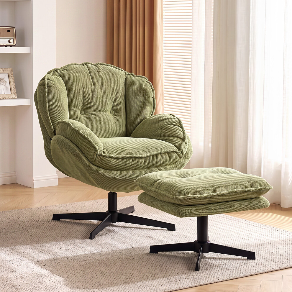 Homcom (Green) Armchair With Adjustable Footstool, 360 Swivel Accent Chair