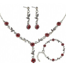 3-delige sieradenset met rode roos, ketting met rozenhanger, armband en oorbellen met hangers, elegante bloemenset