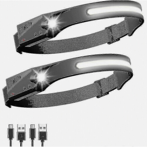 2 Pack LED Rechargeable Head Torch with Motion Sensor, 5 Light Modes, Super Bright Headlamp, USB Headlight