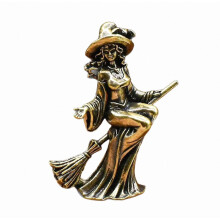 Vintage Solid Brass Witch on Broom Figurine, Hand-Carved Altar Decor for Home, Shelf, and Ritual Display