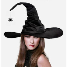 Halloween Witch Hat for Women and Girls, Elegant Pleated Wizard Hat with Spider, Wide Brim Pointed Costume Cap
