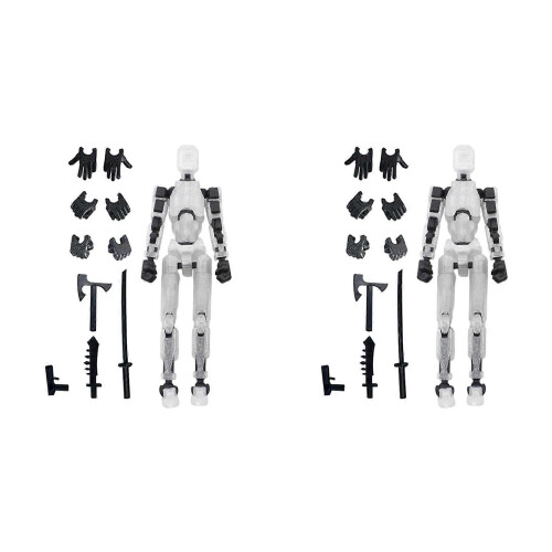 2X Fullt ledad 3D-utskriven robot actionfigur vit för stop motion-animation