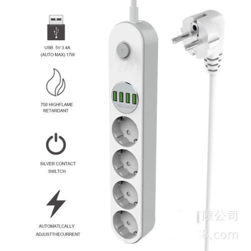 Surge protector power strip with 4 outlets + 4 USB Type E ports, 10A 2500W, 2m cable - White