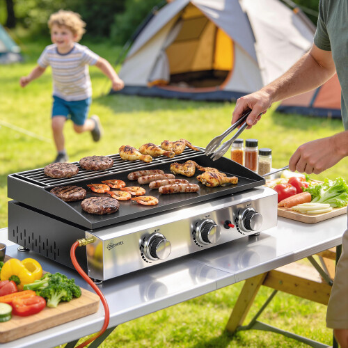 Outsunny Outsunny 3 Burner Grill Griddle, Tabletop Gas BBQ with Grease Cup, Black 1