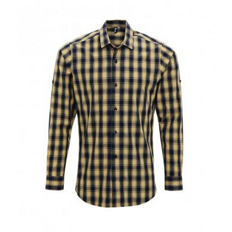 Premier Men's Mulligan Check Long Sleeve Shirt - Camel/Navy - S - Camel/Navy - 100% Cotton - Image 3