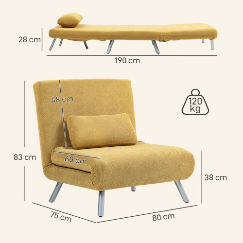 Homcom Sofá Cama Individual Amarillo 80 x 75 x 83 cm 2