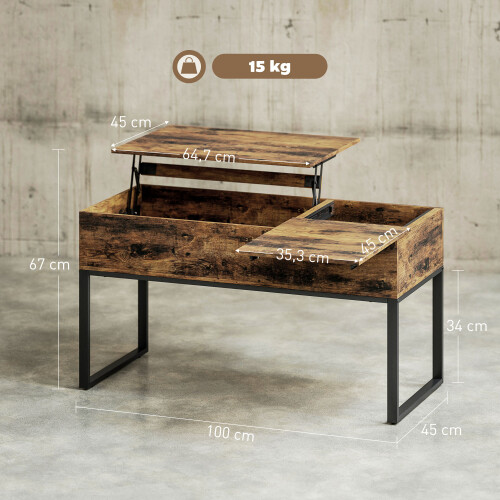 Homcom Mesa Centro Elevable Marrón 100 x 45 x 67 cm 2