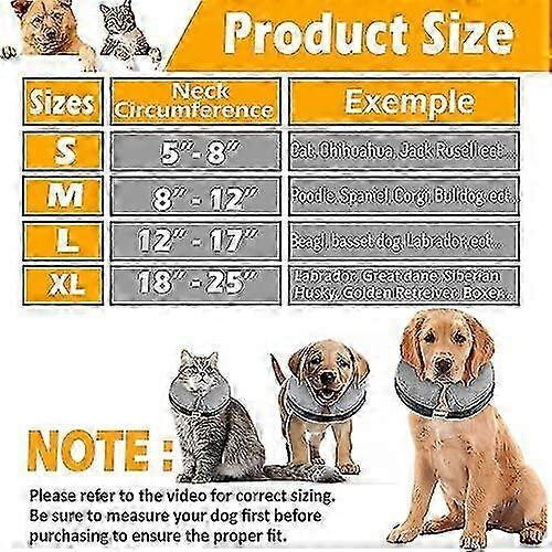 (Gray, M) Inflatable Dog Collar Surgery Cone - Quick Release Adjust Fit Stop Stitch Bite Lick Wound 1