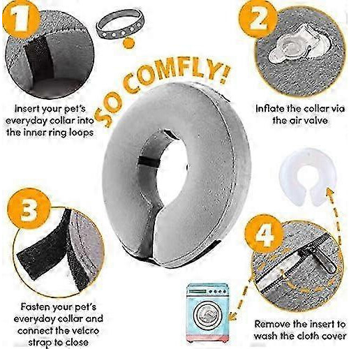 (Gray, M) Inflatable Dog Collar Surgery Cone - Quick Release Adjust Fit Stop Stitch Bite Lick Wound 2