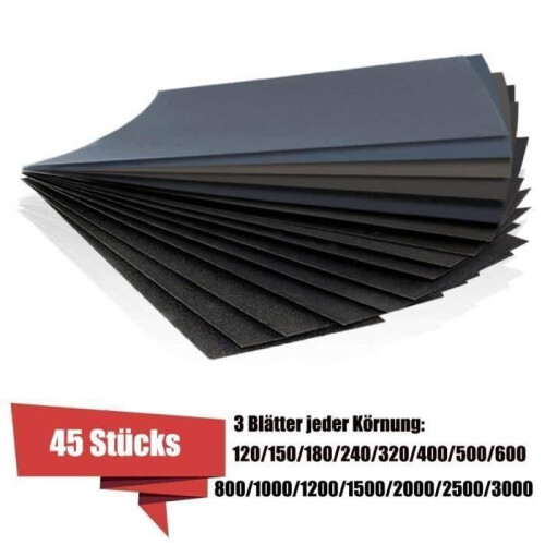45 τεμάχια γυαλόχαρτου, γυαλόχαρτο κόκκωσης 120 έως 3000, γυαλόχαρτο υγρού 1