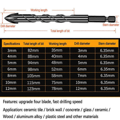 (6Pcs) Premium Threaded Cross Drill Bit Set - 3/4/5/6/8/10/12mm - 5/6/7 Piece Choice 2