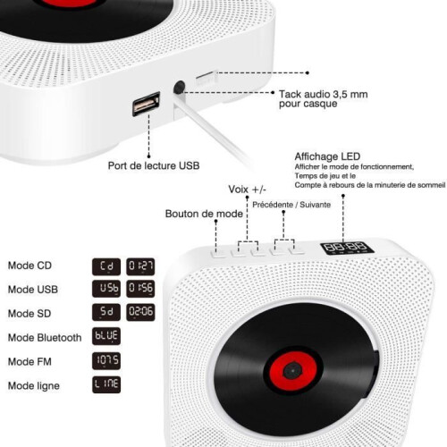 Φορητό CD Player UVERBON με ενσωματωμένα ηχεία HiFi και βάση τοίχου - Λευκό 2