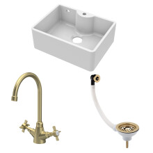 Traditional Fireclay Kitchen Bundle: Single Bowl Butler Sink and Overflow & Tap Hole, Waste & Mono Mixer Tap, 595mm - Brushed Brass