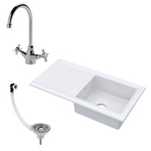 Fireclay 1 Bowl Inset Kitchen Sink & Drainer with Mixer Tap, Basket Strainer Wastes, 1010mm - White