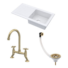 Traditional Fireclay Kitchen Bundle: 1 Bowl Sink & Drainer with Waste & Bridge Crosshead Tap, 1010mm - Brushed Brass