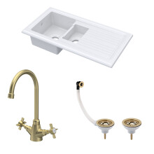 Traditional Fireclay Kitchen Bundle: 1.5 Bowl Sink with Drainer, Waste & Mono Crosshead Tap, 1010mm - Brushed Brass