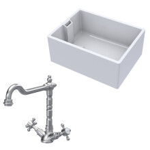 Traditional Fireclay Kitchen Bundle: 1 Bowl Belfast Sink & French Classic Mono Tap, 615mm - Brushed Nickel
