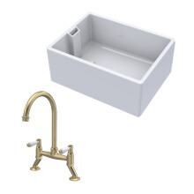 Fireclay Kitchen Bundle - 1 Bowl Belfast Sink & Bridge Lever Mixer Tap, 615mm - Brushed Brass
