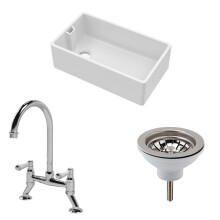 Traditional Fireclay Kitchen Bundle: 1 Bowl Belfast Sink with Strainer Waste & Bridge Mixer Tap, 795mm - Chrome