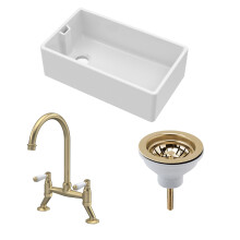 Traditional Fireclay Kitchen Bundle: 1 Bowl Belfast Sink with Strainer Waste & Bridge Lever Tap, 795mm - Brushed Brass