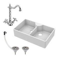Fireclay 895mm Double Bowl Butler Kitchen Sink - Stepped Weir, Classic Tap & Wastes, Traditional Ceramic Belfast Style