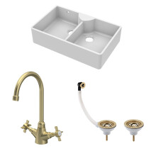 Traditional Fireclay Kitchen Bundle: Double Bowl Butler Sink Stepped Weir with Wastes & Mono Crosshead Tap, 895mm - Brushed Brass