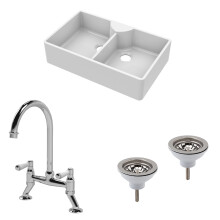 Traditional Fireclay Kitchen Bundle: Double Bowl Butler Sink with 2 Wastes & Bridge Lever Tap, 895mm - Chrome