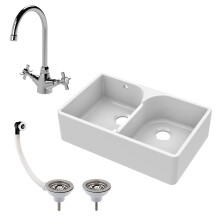 Traditional Fireclay Kitchen Sink: Double Bowl Butler with Stepped Weir, Mixer Tap & Wastes - 795mm