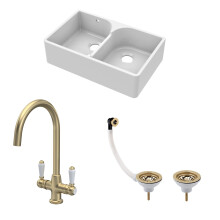 Traditional Fireclay Kitchen Sink Bundle: 2 Bowl Butler Sink with Stepped Weir, Wastes & Lever Tap - 795mm - Brushed Brass