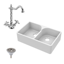 795mm - 2 Bowl Fireclay Butler Kitchen Sink - Stepped Weir, Classic Tap & Waste