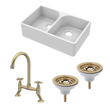 Fireclay Kitchen Bundle - 2 Bowl Full Weir Butler Sink No Overflow w/ Wastes & Bridge Tap, 795mm - Brushed Brass