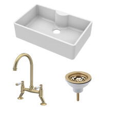 Fireclay Kitchen Bundle - 1 Bowl Butler Sink with Tap Ledge, Waste & Lever Tap - 795mm - Brushed Brass