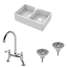 Traditional Fireclay Kitchen Bundle: Double Bowl Full Weir Butler Sink No Overflow with Wastes & Bridge Lever Tap, 795mm - Chrome