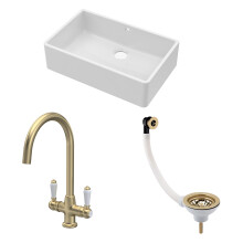 Traditional Fireclay Kitchen Bundle: 1 Bowl Butler Sink with Overflow, Waste & Mono Lever Handle Tap, 795mm - Brushed Brass