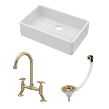 Traditional Fireclay Kitchen Bundle: 1 Bowl Butler Sink with Overflow, Waste & Bridge Mixer Tap, 795mm - Brushed Brass