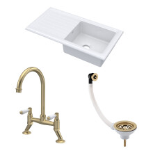 Traditional Fireclay Kitchen Bundle: 1 Bowl Sink & Drainer with Waste & Bridge Lever Tap, 1010mm - Brushed Brass