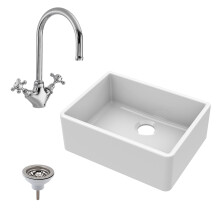 Fireclay Kitchen Bundle - 595mm Single Bowl Butler Sink + Strainer Waste & Mono Lever Handle Mixer Tap - Brushed Brass Balterley