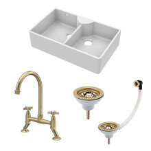 Traditional Fireclay Kitchen Bundle: Double Bowl Stepped Weir Butler Sink with Wastes & Bridge Crosshead Tap, 895mm - Brushed Brass