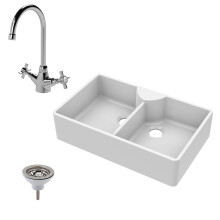 Traditional Fireclay Butler Kitchen Sink Bundle: Double Bowl with Stepped Weir, Mixer Tap & Wastes - 895mm