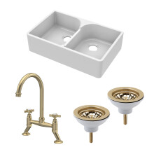 Traditional Fireclay Kitchen Bundle: 2 Bowl Stepped Weir Butler Sink, Wastes & Bridge Crosshead Tap, 795mm - Brushed Brass
