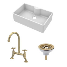 Fireclay Kitchen Bundle - 1 Bowl Butler Sink with Tap Ledge, Waste & Bridge Tap - 795mm - Brushed Brass