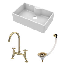 Traditional Fireclay Kitchen Bundle: 1 Bowl Butler Sink with Overflow & Ledge, Waste & Bridge Tap, 795mm - Brushed Brass